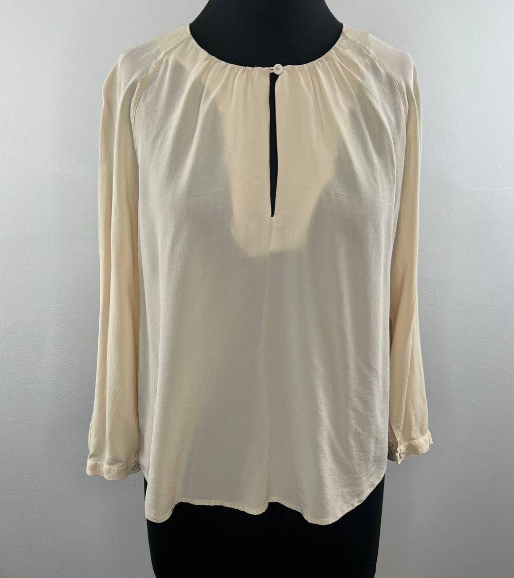 CLOSED Beige Silk Crepe Long Sleeve Semi-Sheer Blouse with Keyhole Neckline L